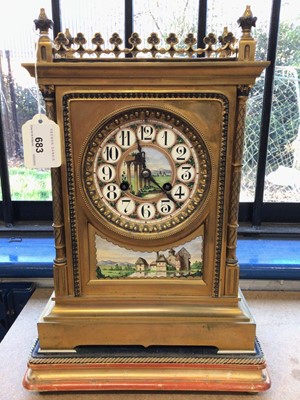 Lot 683 - 19th century French gilt brass and painted porcelain gothic mantel clock