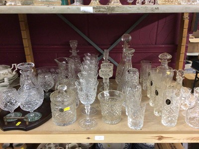 Lot 701 - Lawiercie cut glass, decanters, euuer jug, sweet jar, Royal Brierley decanter tankered and Stuart cut glass tumblers, plus other glassware including decanter and four brandy glasses on wooden stand...