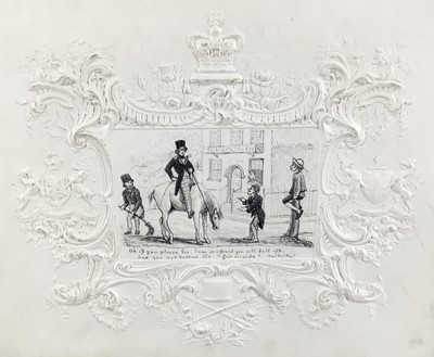 Lot 168 - Royal / Sporting sketch ‘Oh if you please Sir..’ in good embossed surround with Royal motifs, signed Dobbs, 17 x 20cm, in glazed frame