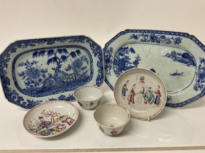 Lot 52 - 18th century Chinese export blue and white porcelain octagonal plate, another and two Chinese  porcelain tea bowls and saucers