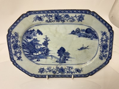 Lot 52 - 18th century Chinese export blue and white porcelain octagonal plate, another and two Chinese  porcelain tea bowls and saucers