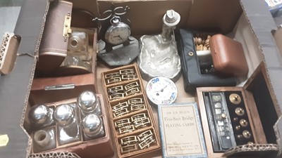 Lot 388 - Box of miscellaneous items to include a pocket watch stand, clock parts/balance wheels, scent bottles in leather case and sundries