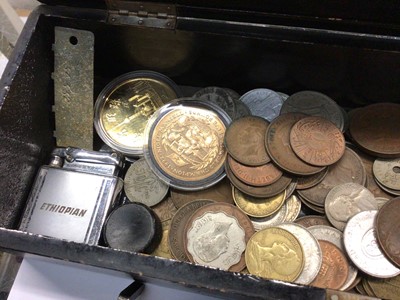 Lot 895 - Various wristwatches, coins and sundries within a black lacquered box