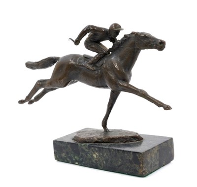 Lot 938 - John Bonar Dunlop (1916-1992) bronze sculpture - At Full Gallop, signed, on green marble plinth signed and dated '79, 13cm high x 17cm long