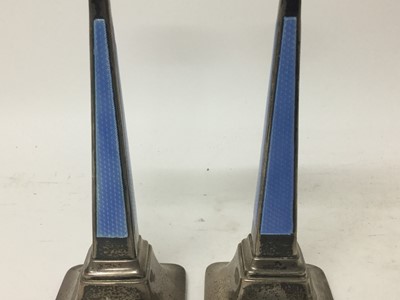 Lot 283 - Pair of Art Deco silver and blue enamel candlesticks