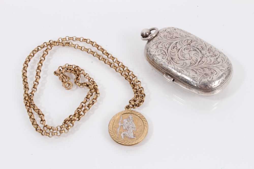 Lot 830 - 9ct gold St. Christopher pendant on chain together with an Edwardian silver sovereign and half sovereign holder (Birmingham 1906)