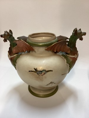 Lot 1142 - Alfred Stellmacher Austrian porcelain vase with dragon handle, together with a similar twin handled vase Worcester blush ivory vases, Nao and other figurines