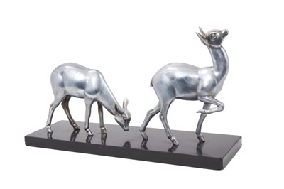 Lot 899 - Irenee Rochard (1906-1984): Art Deco sculpture of two fawns on marble base