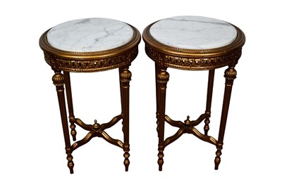 Lot 1386 - Pair of French style giltwood tables with circular white marble tops