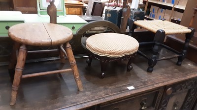 Lot 1041 - Milking stool, seagrass stool, footstool with padded top, small shelf and an oak table (5)