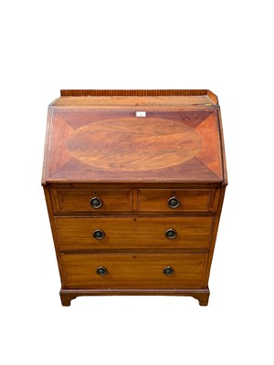 Lot 72 - Edwardian inlaid mahogany bureau with fitted interior above two short and two long drawers