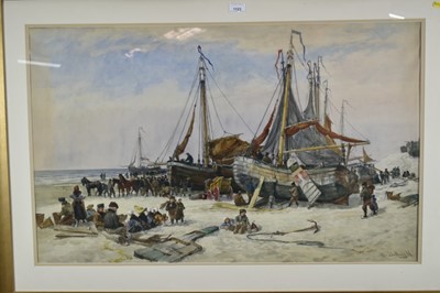 Lot 1123 - Alex Ballingall (c.1850-1910) watercolour - Scottish Fisherfolk on the Shore, signed, 58cm x 94cm, in glazed gilt frame