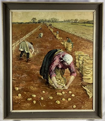 Lot 1245 - J. A. Cooper, 20th century, oil on board - The Potato Harvest, signed, 75cm x 63cm, framed