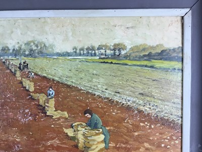 Lot 173 - J. A. Cooper, 20th century, oil on board - The Potato Harvest, signed, 75cm x 63cm, framed