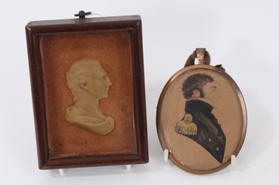 Lot 716 - 19th century wax portrait bust, after James Tassie, inscribed 'Robert Adam, Architect, Died 4 March 1792...' in glazed box frame, 12cm high, together with oval portrait miniature on paper depicting...