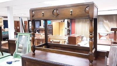 Lot 1045 - Oak hall table with two drawers on turned and block legs joined by stretchers, 92cm wide, 40cm deep, 71cm high