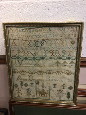 Lot 97 - Early 19th century needlework sampler and sundry decorative pictures