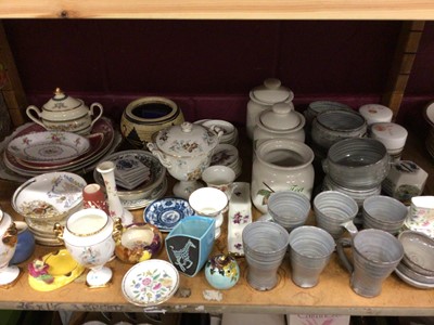 Lot 675 - Grey glazed earthenware mugs and bowls plus selection of other china (1 shelf)