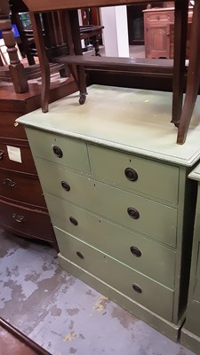 Lot 1046 - Green painted pine chest of two short and three long drawers, 75cm wide, 49cm deep, 92cm high