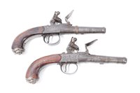 Lot 902 - Pair Queen Anne flintlock cannon barrel pocket...