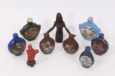 Lot 791 - Small collection of Chinese ceramic and glass snuff bottles, together with a Chinese bronze figural sculpture. (9)