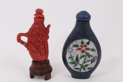 Lot 791 - Small collection of Chinese ceramic and glass snuff bottles, together with a Chinese bronze figural sculpture. (9)