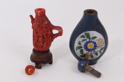 Lot 791 - Small collection of Chinese ceramic and glass snuff bottles, together with a Chinese bronze figural sculpture. (9)