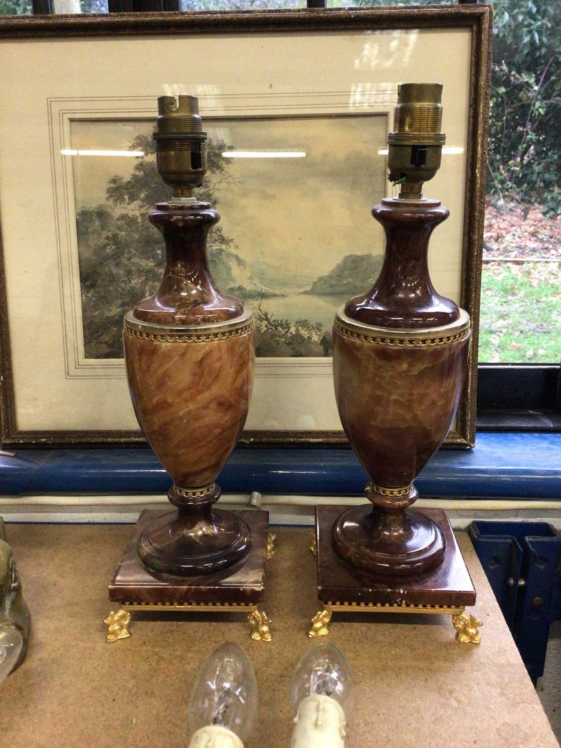 Lot 60 - Pair of Italian onyx and gilt metal urn-form lamps, 33cm high