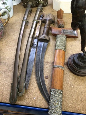 Lot 63 - An unusual pair of Victorian children's swords, together with other bladed weapons and a bronze figure of Mercury