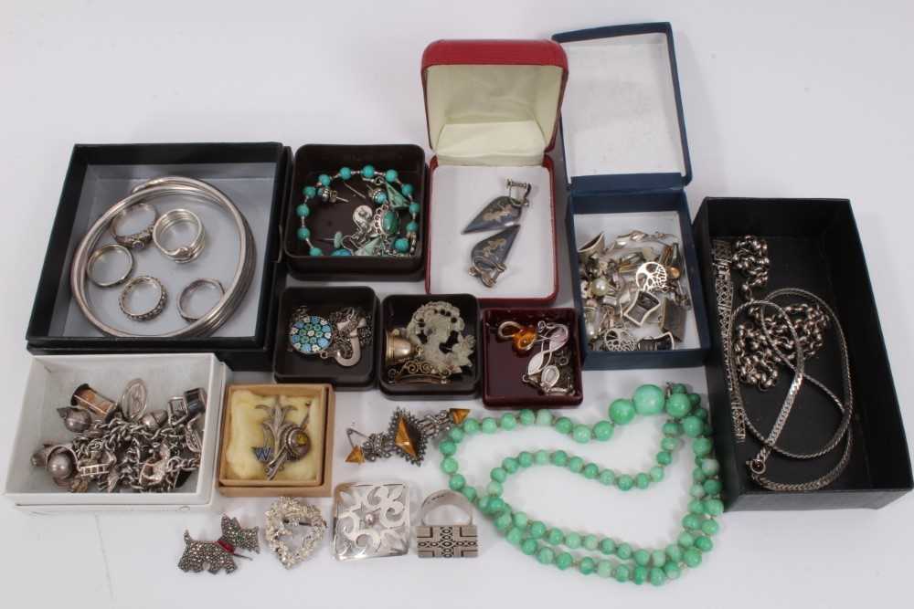 Lot 844 - Silver charm bracelet, snake bangle and matching ring, other silver rings, various silver earrings