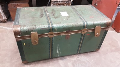 Lot 1051 - Vintage green tin trunk, 110cm wide, 55cm deep, 56cm high