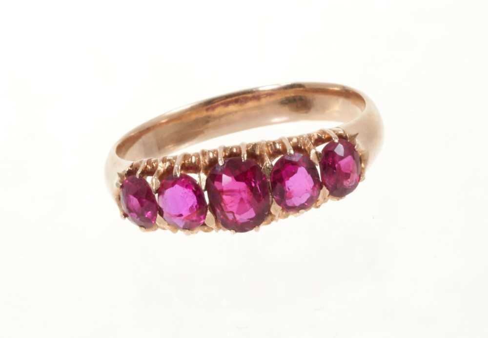 Lot 469 - Victorian ruby five-stone ring with five graduated oval mixed cut rubies in gold claw setting on gold shank