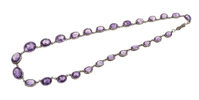 Lot 533 - Amethyst rivière necklace with 27 graduated oval mixed cut amethysts in silver collet setting
