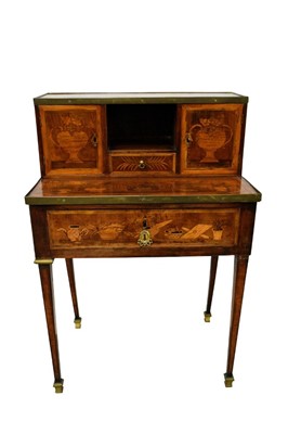 Lot 1433 - Early 19th century Continental mahogany, kingwood crossbanded and marquetry inlaid bonheur du jour with fitted drawer with mirror and writing compartments.