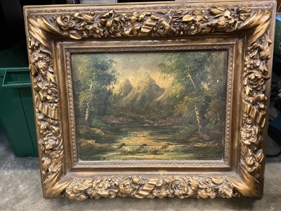 Lot 172 - Large late 19th oil on canvas in gilt frame -landscape, another similar together with an oil on canvas Madame Veuve Clicquot Ponsar din