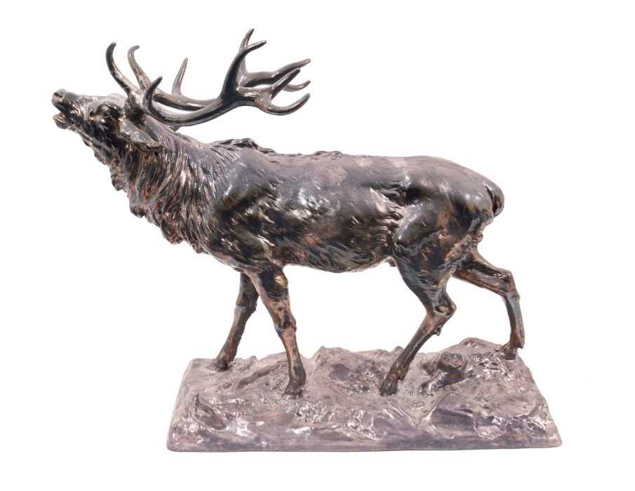 Lot 955 - Fine and large modern filled silver model of a stag, hallmarked for GS, Sheffield 2010, the impressive stag with ten point antlers, raised on naturalistic base, 37cm long