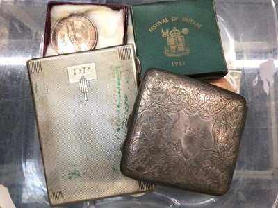 Lot 820 - Silver cigarette case, one other silver plated, together with a selection of coins