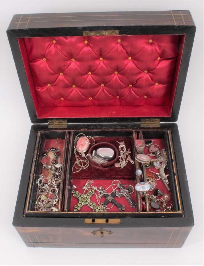 Lot 873 - Victorian coromandel jewellery box containing silver gem set pendants and necklaces, various earrings, rings and chains