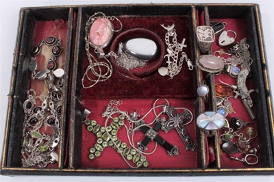 Lot 873 - Victorian coromandel jewellery box containing silver gem set pendants and necklaces, various earrings, rings and chains