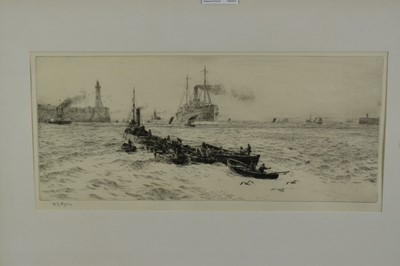 Lot 1185 - William Lionel Wyllie (1851-1931) signed drypoint etching in glazed ebonized frame - Tynemouth, signed in pencil lower left, together with a similar print by the same artist 'The Worcester, Greenwi...