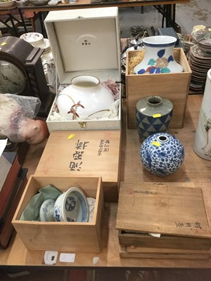 Lot 482 - Group of 20th century Japanese studio and other ceramics, including vases, sake set, etc, mostly in original boxes