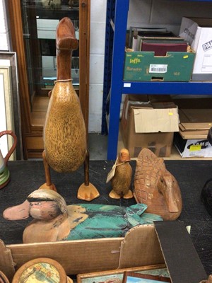Lot 124 - A Victorian work box, other wooden items including novelty treen bottle stoppers, ducks, etc