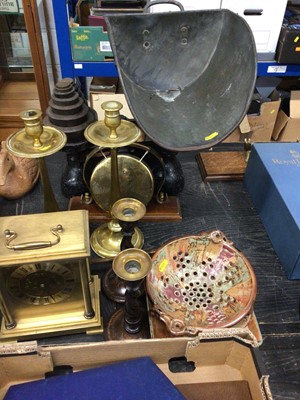 Lot 126 - Sundry items, including a set of scales, a gong, candlesticks, card games, studio pottery, and a clock