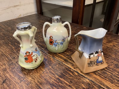 Lot 156 - A pair of Royal Bayreuth China handled vases, transfer printed with scenes of children playing, hallmarked silver mounts, together with another