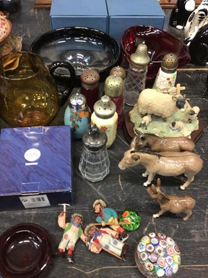 Lot 127 - Group of ceramics, glassware and other collectables, including Beswick Donkeys, Boder Fine Arts group, glass casters (one with silver top), two Doulton Nisbet figures, millefiori paperweight, etc