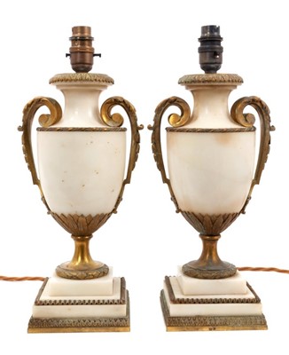 Lot 840 - Pair of antique ormolu mounted marble table lamps