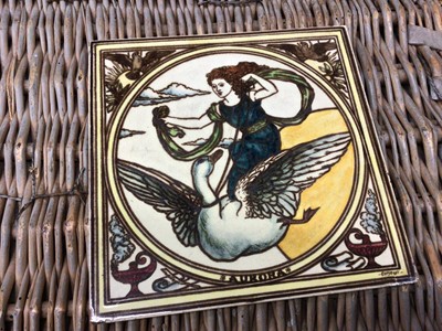 Lot 133 - A Victorian Arts and Crafts ceramic tile entitled 'Aurora', depicting a classical figure riding a swan, 20.25cm x 20.25cm