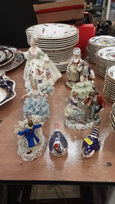 Lot 502 - Collection of Dresden figures, Villeroy & Boch plates and two Royal Crown Derby bird paperweights.