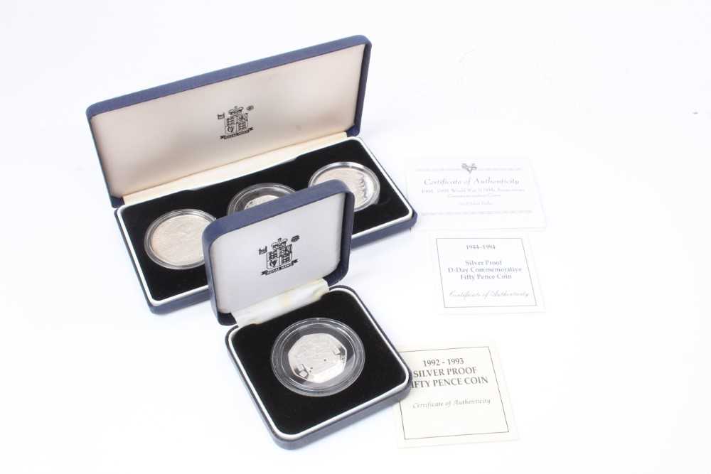Lot 253 - World - Royal Mint silver proof commemorative issues to include 1991-1995 World War II 50th Anniversary three coin commemorative set