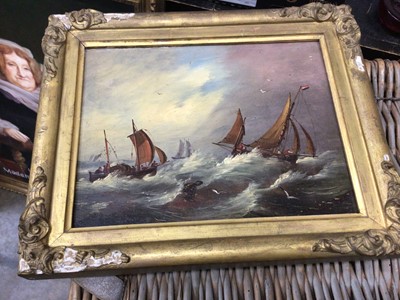 Lot 144 - Antique gilt framed marine oil on panel, 21.5 x 16.5, with a pair of embroidered bird pictures (3)